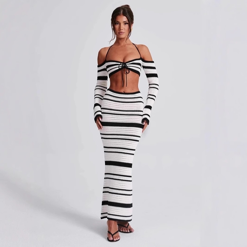STRIPED LONG-SLEEVE HALTER TOP AND SKIRT TWO-PIECE SET / U06 - Striped-whiteblack