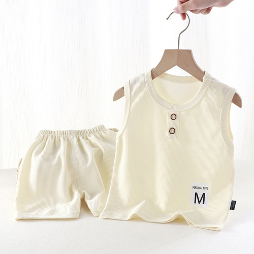 CHILDREN'S SLEEVELESS VEST SET CREAM S879 - Sando and short set Cream color