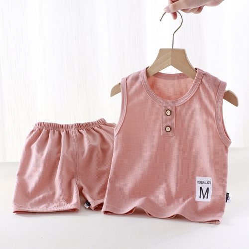 CHILDREN'S SLEEVELESS VEST SET PINK S879 - Sando and short set Color:pink