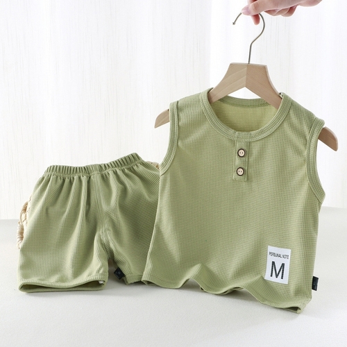 CHILDREN'S SLEEVELESS VEST SET GREEN S879 - Sando and short set Color: light green