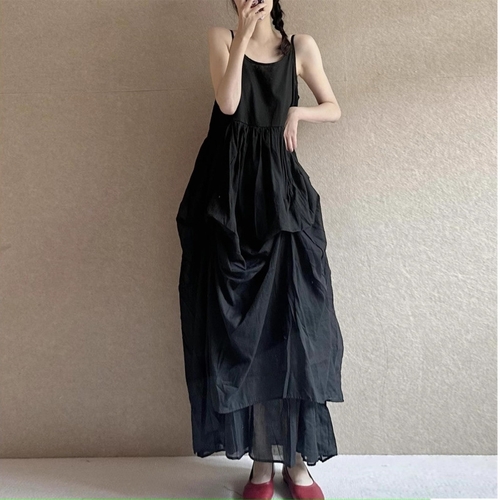 SLEEVELESS TIERED MAXI DRESS / U19 - Black linen dress Size medium