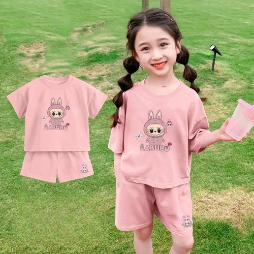 GIRL'S  LABUBU  T-SHIRT AND SHORT SET / PINK U28 - Color pink