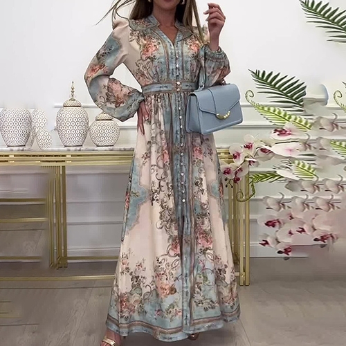 PRINTED LONG-SLEEVE MAXI DRESS / U56 - Mix color