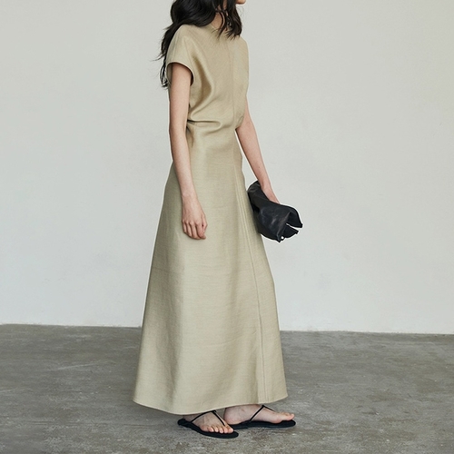 WOMEN'S SHORT-SLEEVES DRESS / KHAKI U61 - Solid color long dress