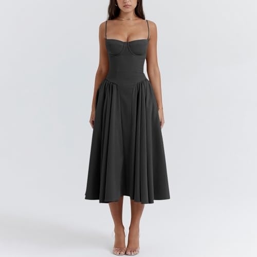 WOMEN'S CORSET DRESS / BLACK U78 - Spaghetti strap corset midi dress Color black