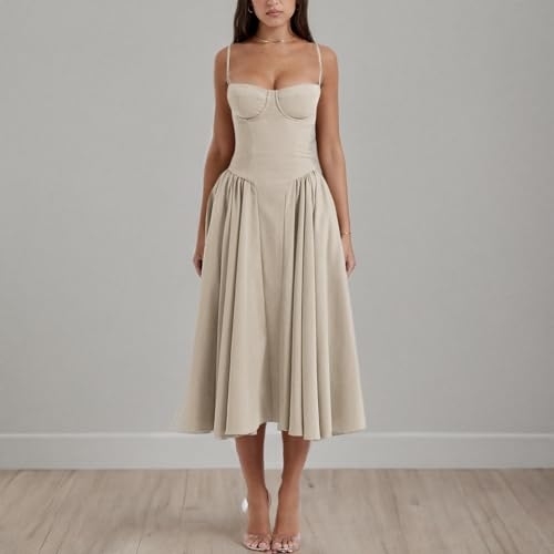 WOMEN'S CORSET DRESS / BEIGE U78 - Spaghetti strap corset midi dress.