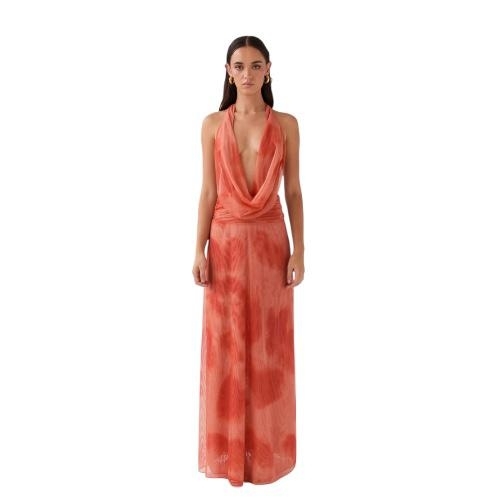 WOMEN'S MAXI DRESS / U81 - It's a maxi dress w/ a halterneck & a low cowl neckline. Color:orange