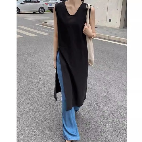 WOMEN’S LOOSE SLEEVELESS V-NECK VEST DRESS / U84 - cotton-linen dress Color black