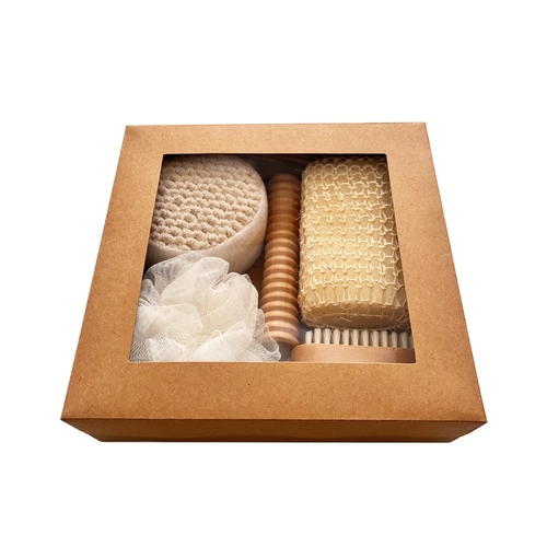BATHROOM TOOL GIFT BOX / U86 - Bathing set: soft exfoliating pad, natural wooden massage roller, natural loofah sponge, wooden scrub brush with pumice stone, soft mesh bath pouf.