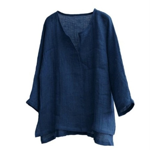 WOMEN'S V-NECK LOOSE LONG-SLEEVED SHIRT / NV /U110 - Navy blue