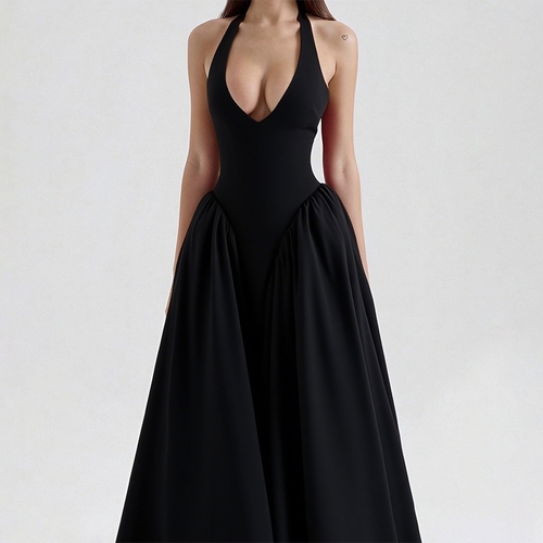 WOMEN'S HALTER NECK MAXI DRESS / U30A - backless long dress Color black