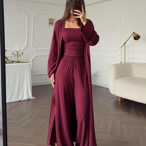 THREE-PIECE CASUAL SUIT / WD-0986/U140 - Wide-leg pants, tube top and long cardigan Color red