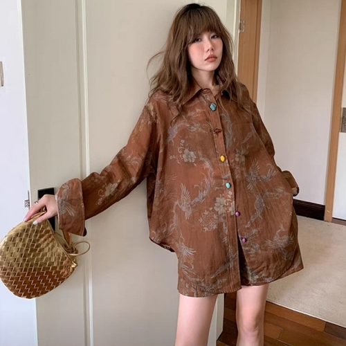 TWO-PIECE SET WOMEN'S LONG-SLEEVED SHIRT AND SHORTS / U141 - Color brown