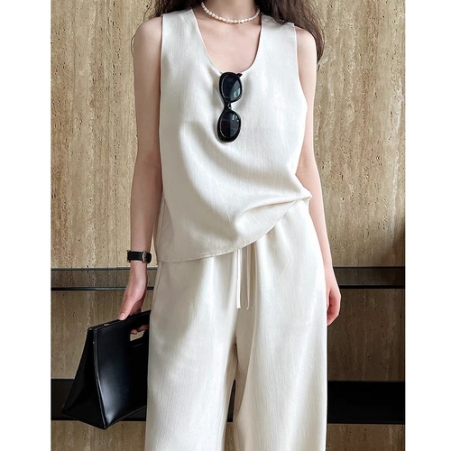WOMEN'S VEST AND WIDE-LEG PANTS SET / U146 - Color off-white