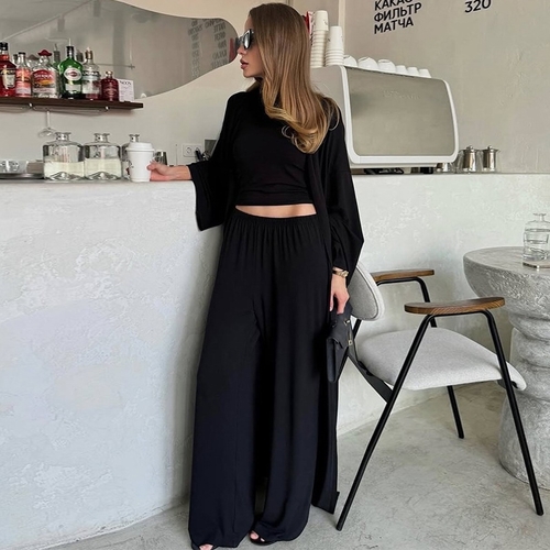 THREE-PIECE CASUAL SUIT / U199 - Shirt, high waist pants and long cardigan Color black
