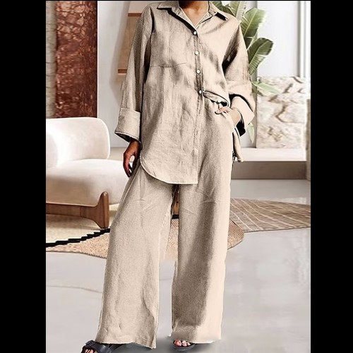 WOMEN'S LOOSE PANTS W/ NINE QUARTER SLEEVE SHIRT / BEIGE U200 - Color Beige