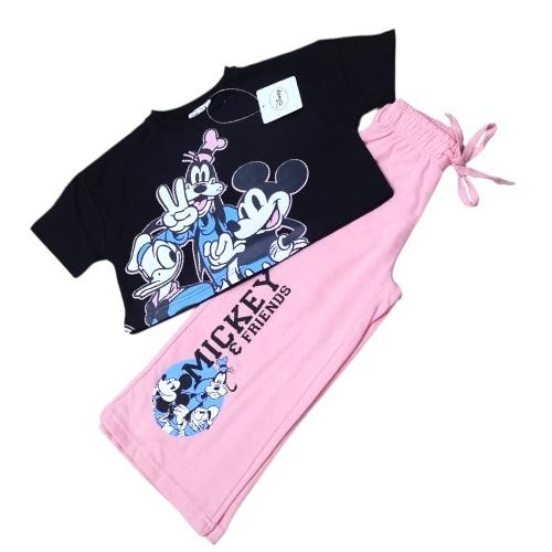 GIRL'S MICKEY&FRIENDS T-SHIRT AND PANTS SET / GL-0379/JJ08 - Crop top tshirt and wide-leg pants Color black and pink