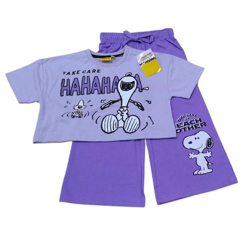 GIRL'S PEANUTS T-SHIRT AND PANTS SET / GL-0381/JJ02 - Crop top tshirt and wide-leg pants Color purple