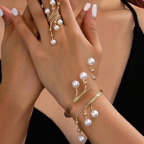 PEARL LINEN RING AND BRACELET SET / U171 - GOLD PLATED RING AND BRACELET