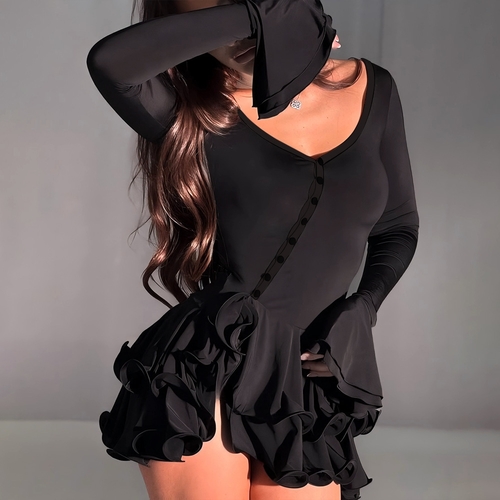 WOMEN'S MINI DRESS / U178 - Black tiered ruffle mini dress