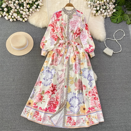 LONG-SLEEVED FLORAL PRINT MAXI DRESS / U250 - Long dress with mix color