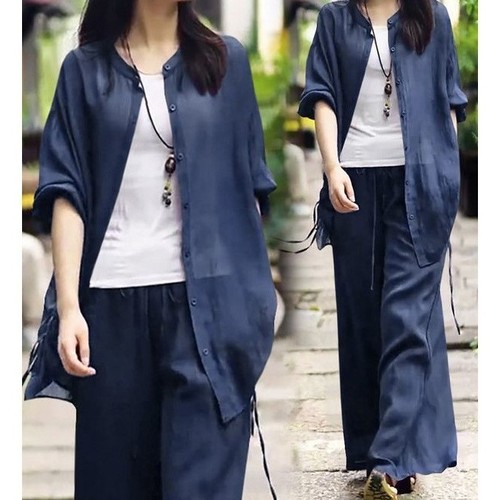 WOMEN’S LONG-SLEEVE SHIRT AND WIDE-LEG PANTS SET / U313 - COLOR BLUE
