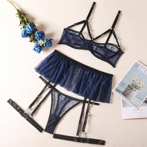 THREE-PIECE LINGERIE SET / U362 - 3-PIECE LACE LINGERIE SET W/ A GARTER BELT COLOR BLUE