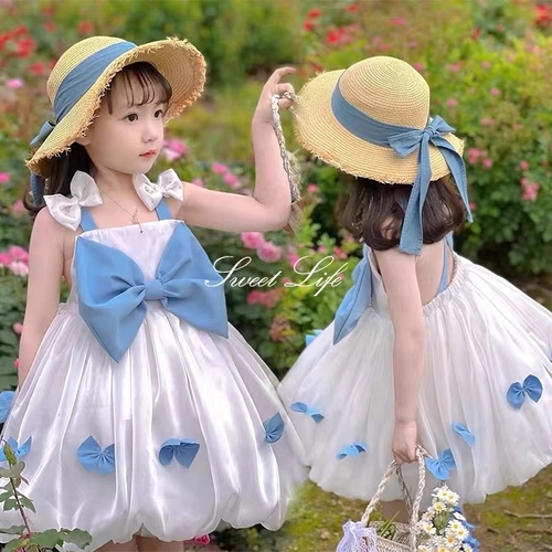 GIRL'S PRINCESS DRESS / U363 - White dress with a blue bow