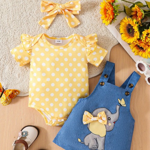 GIRL'S FROCK DRESS WITH DUNGAREE STYLE / U367Y - 3-PIECE SET Color blue and yellow