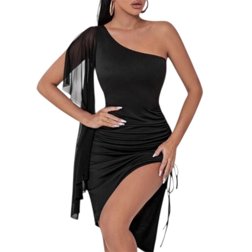 WOMEN'S MINI DRESS / U368 - One shoulder mesh side shirring sleeveless mini dress Color black