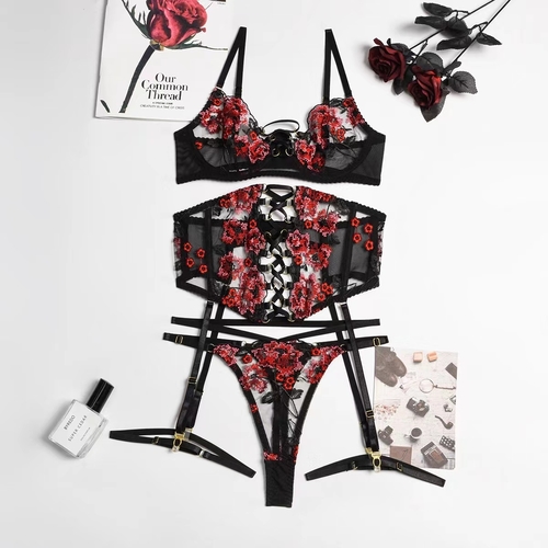 THREE-PIECE LINGERIE SET / U370 - Set-bra, corset/garter belt, thong/panty Color/design-a black lace and mesh design with a floral embroidery.