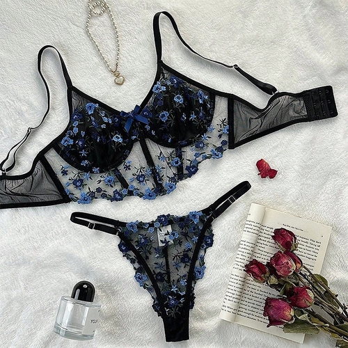 TWO-PIECE LINGERIE SET / U373A - Blue lingerie corset underwire