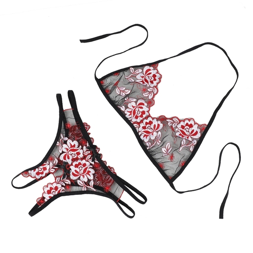 TWO-PIECE LINGERIE SET / U374A - RED AND BLACK LACE LINGERIE SET ONE SIZE