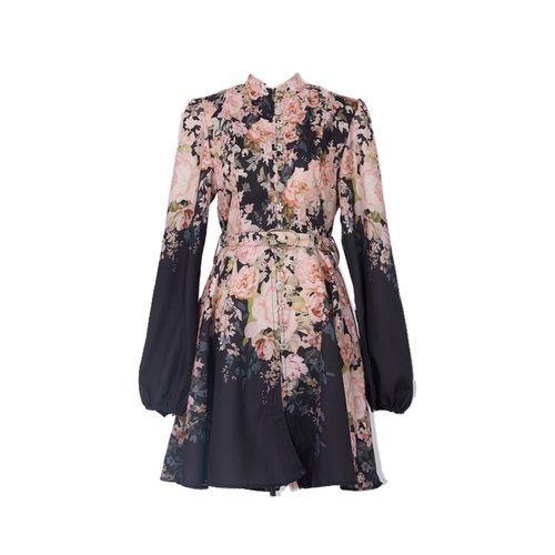 WOMEN'S LONG-SLEEVE MINI DRESS / U377MB - Floral print mini dress with balloon sleeves and high round neck
