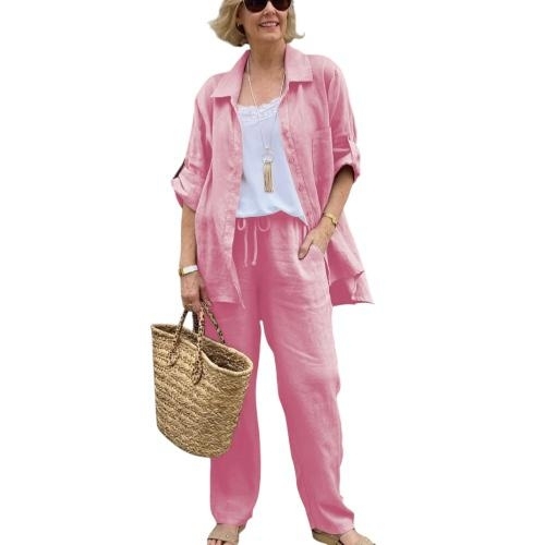 WOMEN'S LONG-SLEEVE BUTTON TOP AND WIDE-LEG PANTS SET / PINK U378 - Color pink
