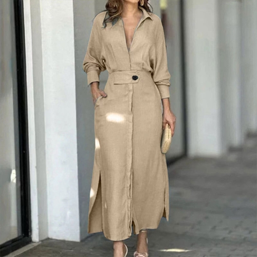 WOMEN'S LONG-SLEEVED MIDI SHIRT DRESS / U379B - Color beige