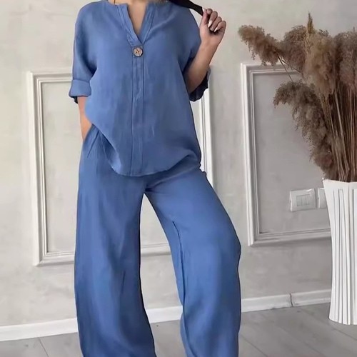 WOMEN'S TOP AND WIDE-LEG PANTS SET / U391B - Color blue