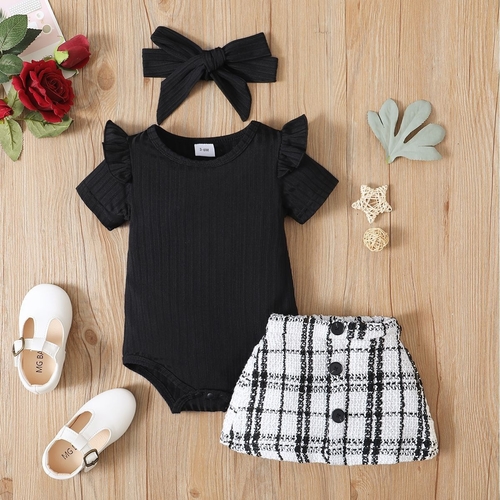 BABY GIRL PLAID SKIRT SET / U399 - Black and white plaid skirt and top set