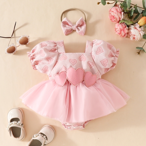 GIRL'S ROMPER DRESS AND HEADBAND SET / PINK U402 - Baby girl pink heart romper dress with headband.