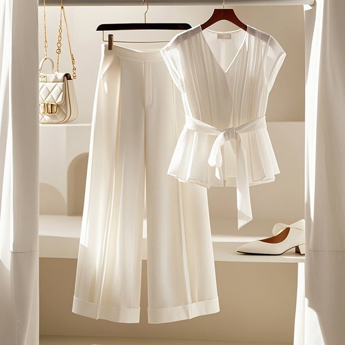 WOMEN’S V-NECK LACE-UP SLEEVELESS VEST AND HIGH-WAISTED LOOSE WIDE-LEG PANTS / U441 - Color white