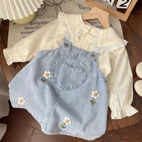 GIRL'S DENIM OVERALL DRESS SET / U458 - Jumper dress and long sleeve shirt