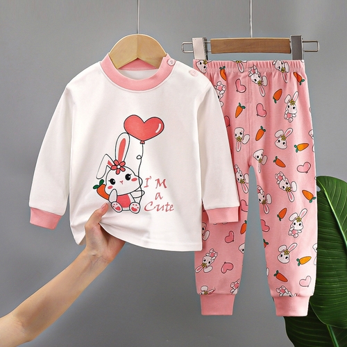 GIRL'S COTTON PAJAMA SET / U438A - White sweatshirt and pink pajama