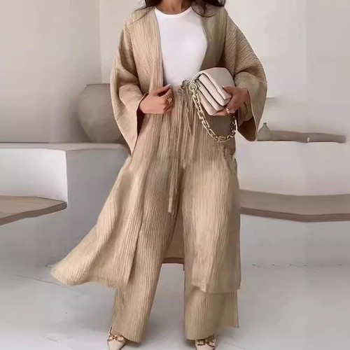 WOMEN'S TOP AND PANTS SET / U510 - Brown long sleeve cardigan and wide-leg pants