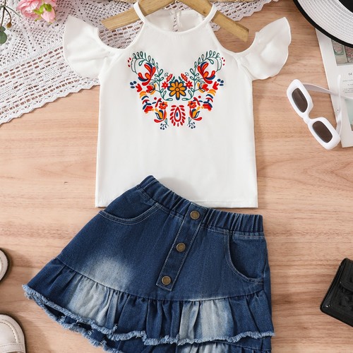 GIRL'S WHITE COLD-SHOULDER TOP WITH FLORAL PRINT AND BLUE DENIM SKIRT SET - C92 - GIRL'S WHITE COLD-SHOULDER TOP WITH FLORAL PRINT AND BLUE DENIM SKIRT SET