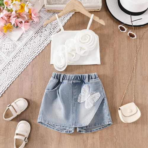 GIRL'S WHITE FLORAL-APPLIQUE CROP TOP AND DENIM SHORT SET / C92 - 1pc macarena short and 1pc spaghetti strap top