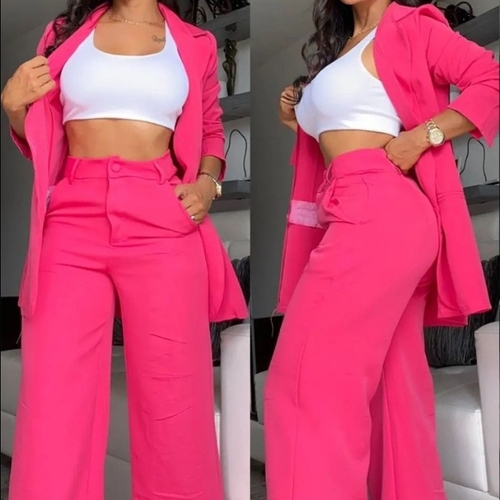 PINK SUIT / C102 - Women's solid-color lapel suit and straight-leg pants set Size:medium