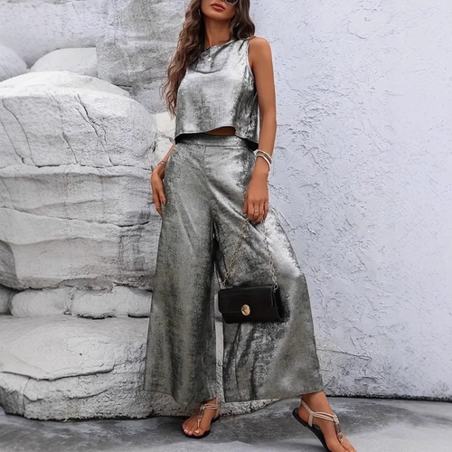 WOMEN'S SLEEVELESS TOP AND WIDE-LEG PANTS / SILVER K51 - Two pieces  COLOR: SILVER