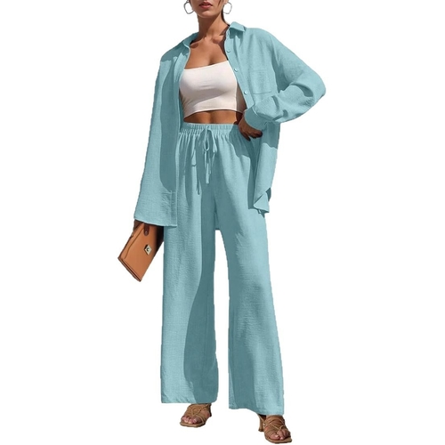 نايا ستور - TWO PIECE SET LONG-SLEEVE SHIRT AND LOOSE PANTS / WD-0439 / K63 - نعناع أخضر