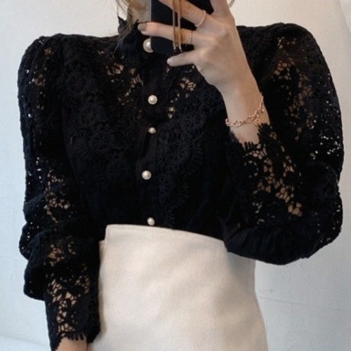 WOMEN'S LACE LONG-SLEEVE TOP / BLACK S259 - Color:black