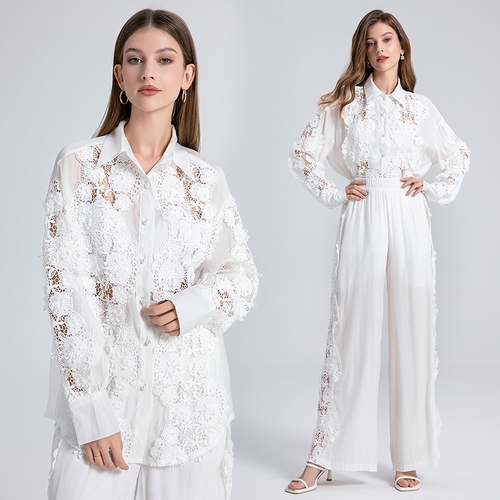 WOMEN'S LONG-SLEEVE SHIRT AND PANTS SET / WHITE S250 - Lace shirt and trousers Color white